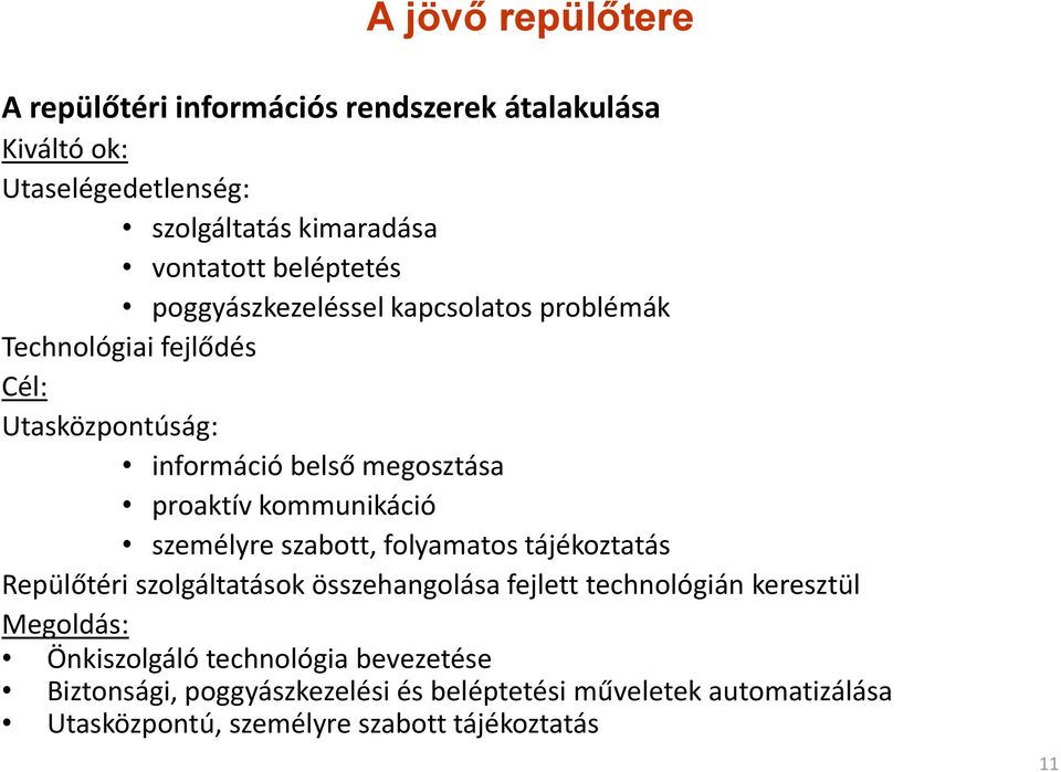 kommunikáció személyre szabott, folyamatos tájékoztatás Repülőtéri szolgáltatások összehangolása fejlett technológián keresztül Megoldás: