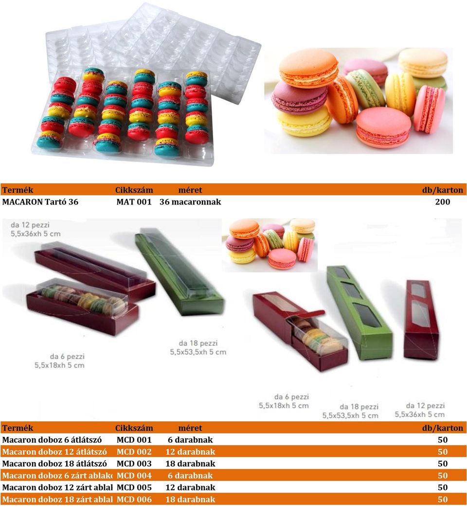 darabnak 50 Macaron doboz 18 átlátszó MCD 003 18 darabnak 50 Macaron doboz 6 zárt ablakosmcd 004 6