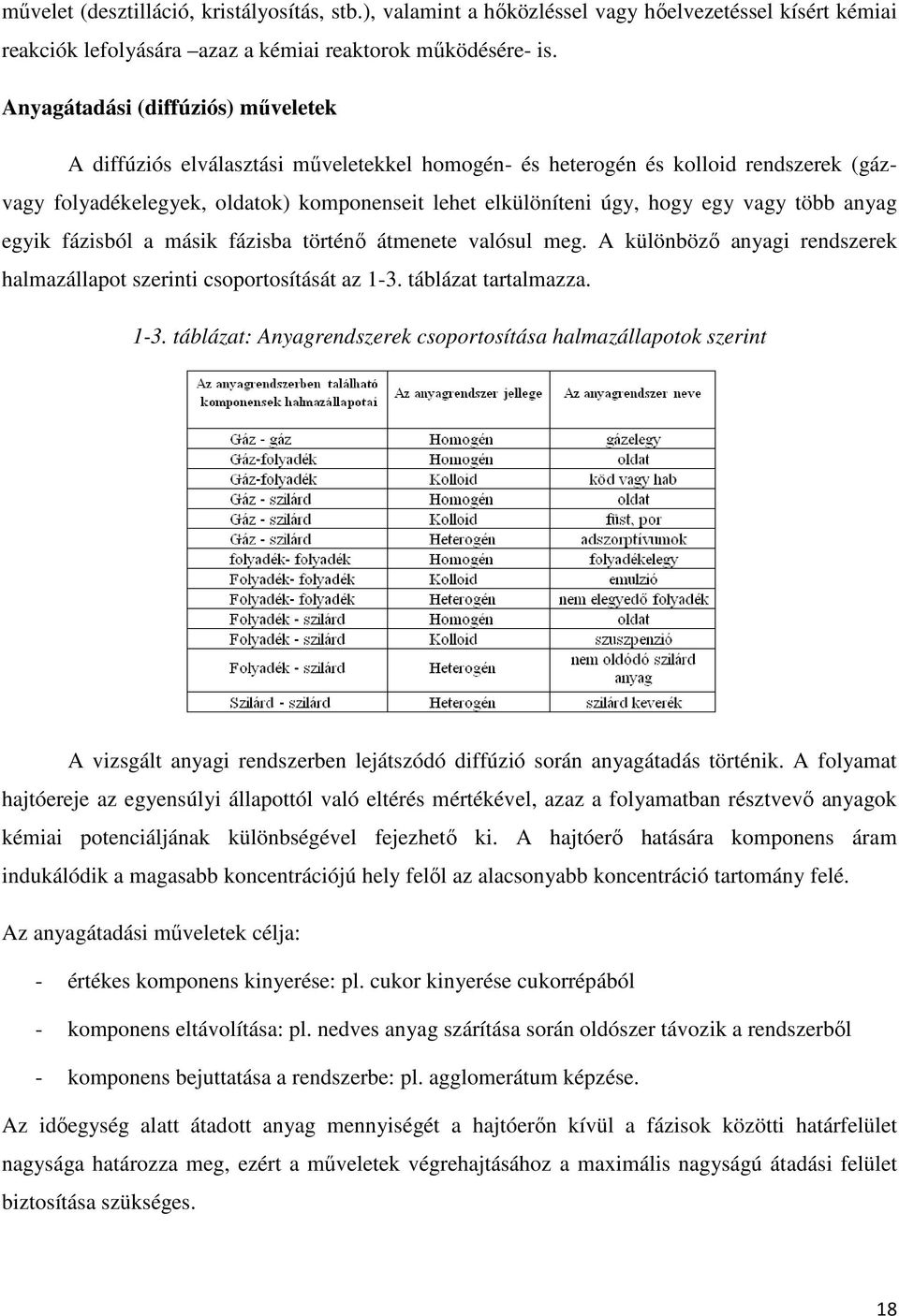 vagy több anyag egyik fázisból a másik fázisba történı átmenete valósul meg. A különbözı anyagi rendszerek halmazállapot szerinti csoportosítását az 1-3.