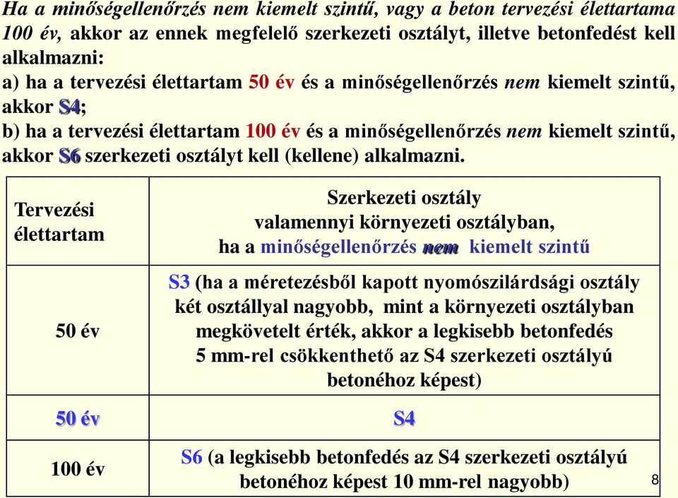 Tervezési élettartam 50 év Szerkezeti osztály valamennyi környezeti osztályban, ha a minőségellenőrzés nem kiemelt szintű S3 (ha a méretezésből kapott nyomószilárdsági osztály két osztállyal nagyobb,