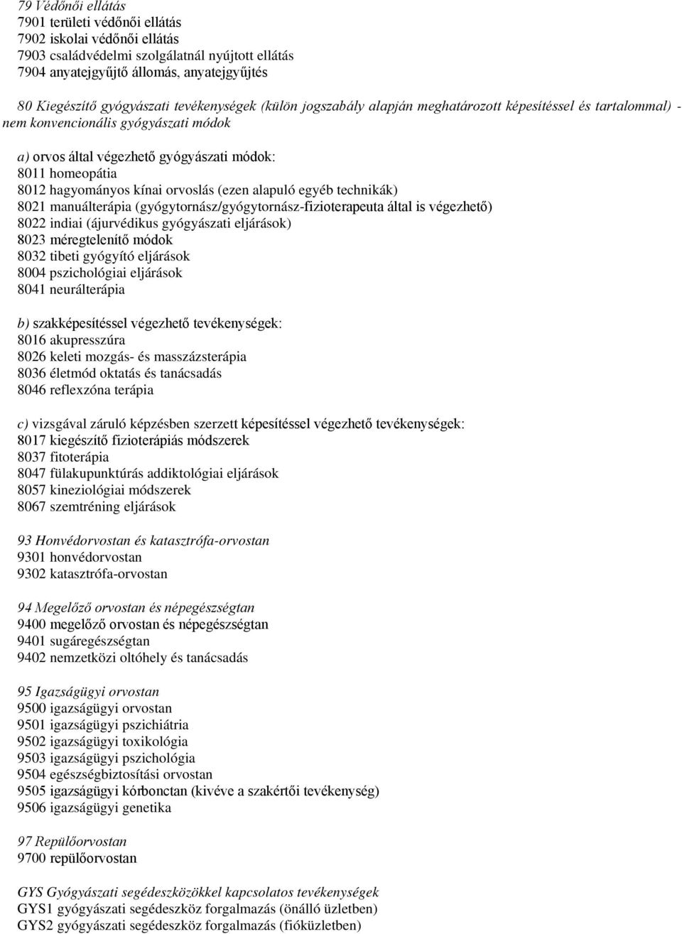 kínai orvoslás (ezen alapuló egyéb technikák) 8021 manuálterápia (gyógytornász/gyógytornász-fizioterapeuta által is végezhető) 8022 indiai (ájurvédikus gyógyászati eljárások) 8023 méregtelenítő módok