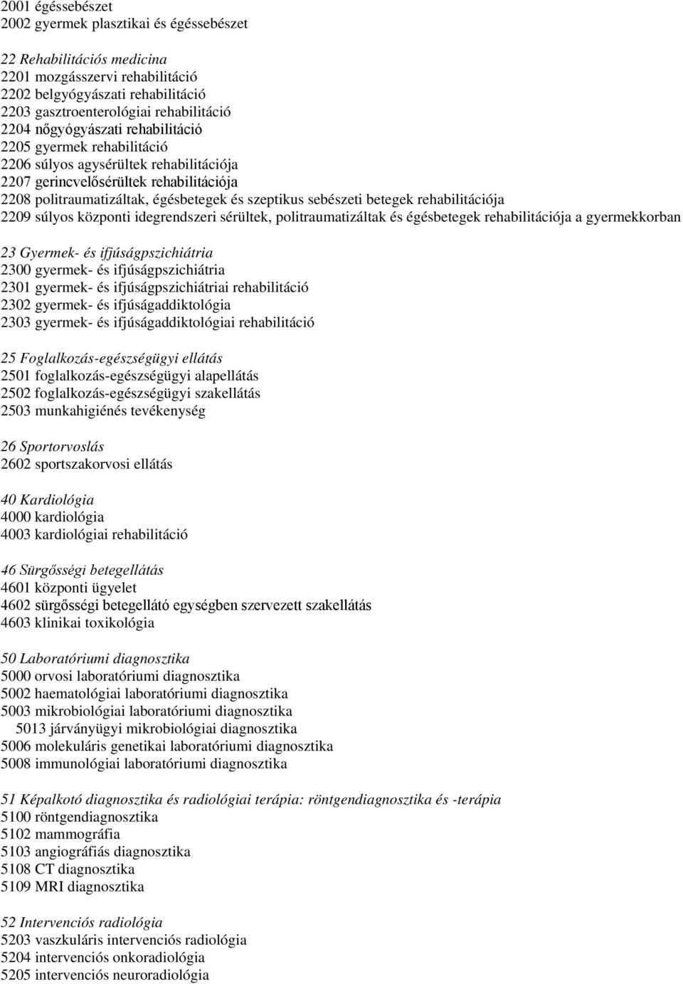 betegek rehabilitációja 2209 súlyos központi idegrendszeri sérültek, politraumatizáltak és égésbetegek rehabilitációja a gyermekkorban 23 Gyermek- és ifjúságpszichiátria 2300 gyermek- és