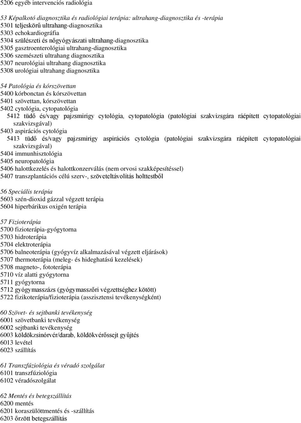 diagnosztika 54 Patológia és kórszövettan 5400 kórbonctan és kórszövettan 5401 szövettan, kórszövettan 5402 cytológia, cytopatológia 5412 tüdő és/vagy pajzsmirigy cytológia, cytopatológia (patológiai