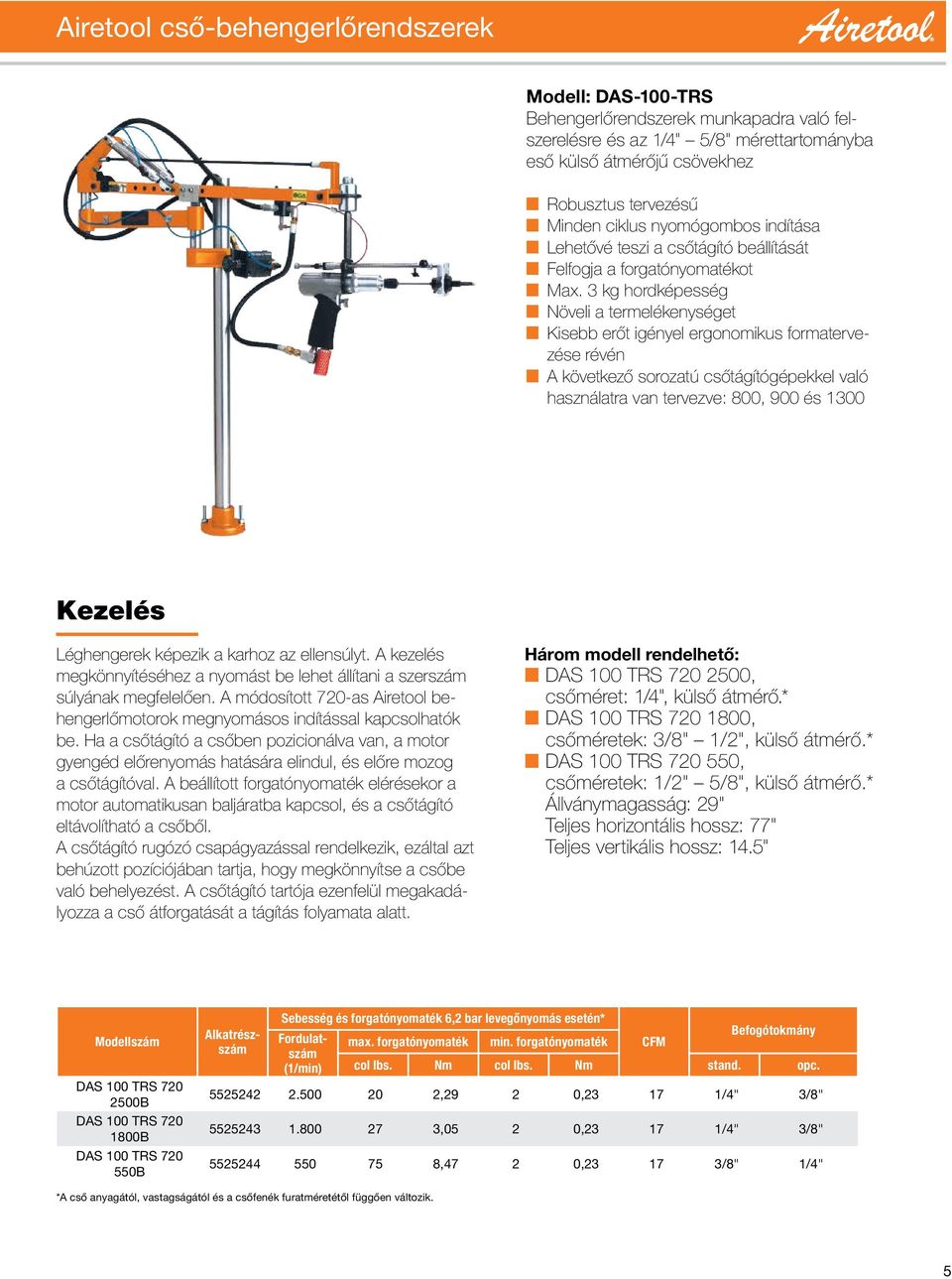 3 kg hordképesség n Növeli a termelékenységet n Kisebb erőt igényel ergonomikus formatervezése révén n A következő sorozatú csőtágítógépekkel való használatra van tervezve: 800, 900 és 1300 Kezelés