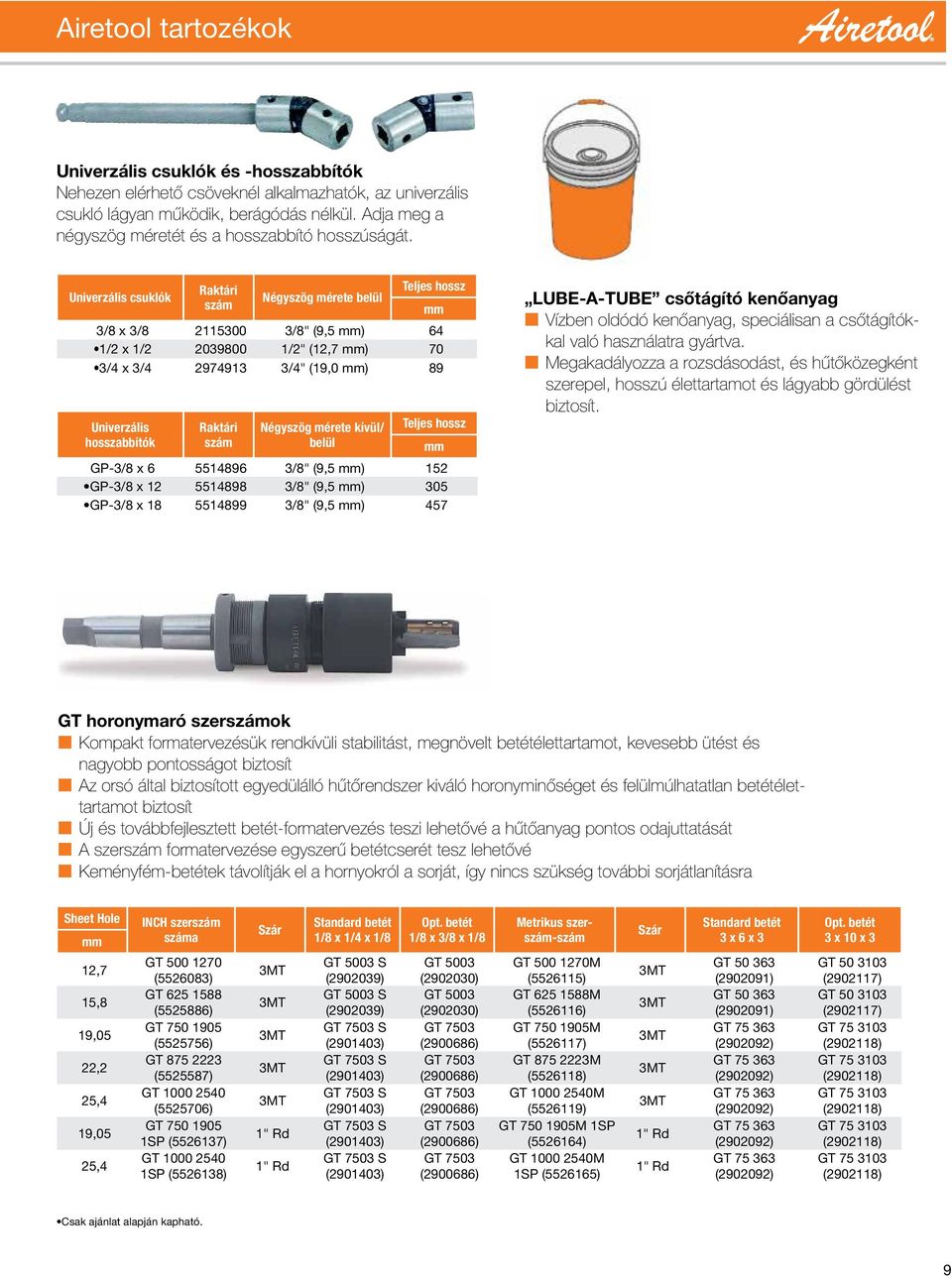 Univerzális csuklók Raktári szám Négyszög mérete belül Teljes hossz mm 3/8 x 3/8 2115300 3/8" (9,5 mm) 64 1/2 x 1/2 2039800 1/2" (12,7 mm) 70 3/4 x 3/4 2974913 3/4" (19,0 mm) 89 Univerzális