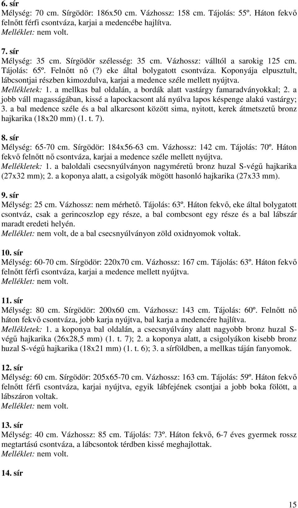 Mellékletek: 1. a mellkas bal oldalán, a bordák alatt vastárgy famaradványokkal; 2. a jobb váll magasságában, kissé a lapockacsont alá nyúlva lapos késpenge alakú vastárgy; 3.