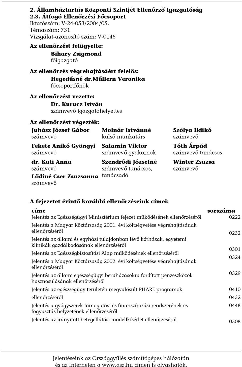 műllern Veronika főcsoportfőnök Az ellenőrzést vezette: Dr. Kurucz István számvevő igazgatóhelyettes Az ellenőrzést végezték: Juhász József Gábor számvevő Fekete Anikó Gyöngyi számvevő dr.