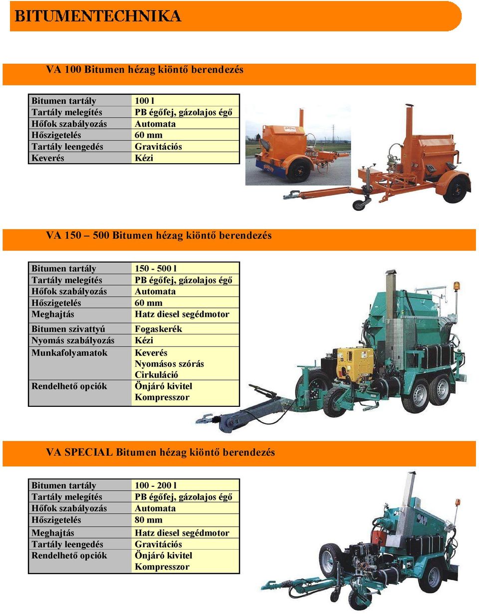 opciók 150-500 l, gázolajos égő Automata Kézi Keverés Nyomásos szórás Cirkuláció Önjáró kivitel Kompresszor VA SPECIAL Bitumen hézag kiöntő