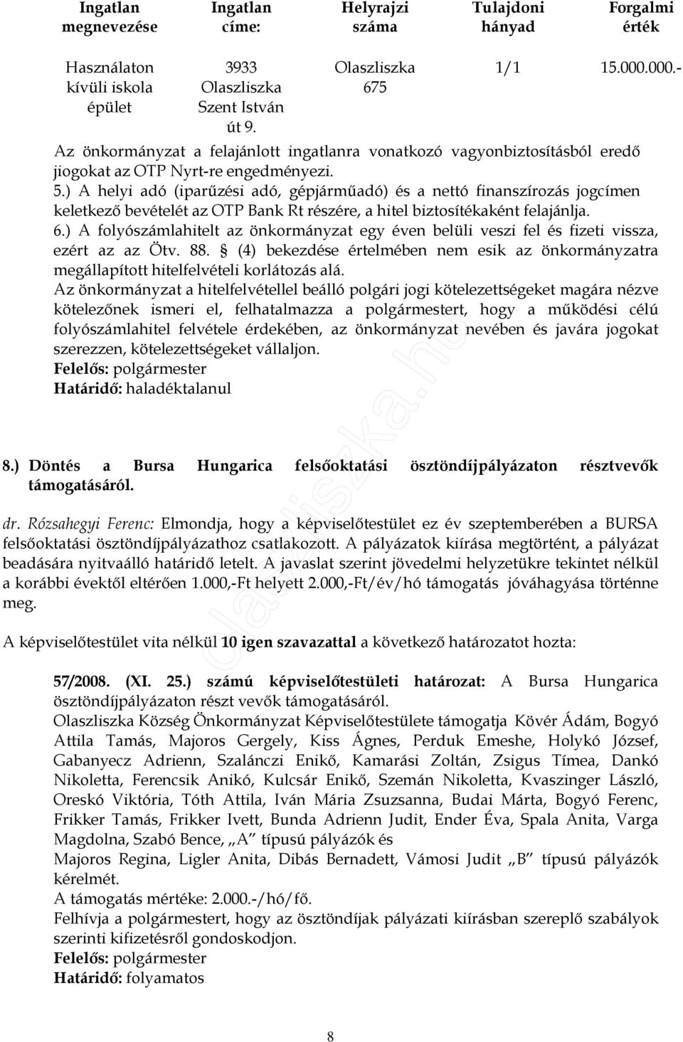 ) A helyi adó (iparőzési adó, gépjármőadó) és a nettó finanszírozás jogcímen keletkezı bevételét az OTP Bank Rt részére, a hitel biztosítékaként felajánlja. 6.