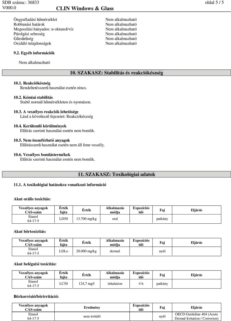 A veszélyes reakciók lehet sége Lásd a következ fejezetet: Reakciókészség 10.4. Kerülend körülmények El írás szerinti használat esetén nem bomlik. 10.5.