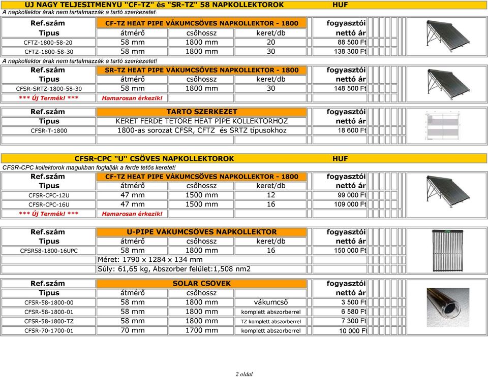 tartalmazzák a tartó szerkezetet! SR-TZ HEAT PIPE VÁKUMCSÖVES NAPKOLLEKTOR - 1800 átmérő csőhossz keret/db CFSR-SRTZ-1800-58-30 58 mm 1800 mm 30 148 500 Ft *** Új Termék! *** Hamarosan érkezik!