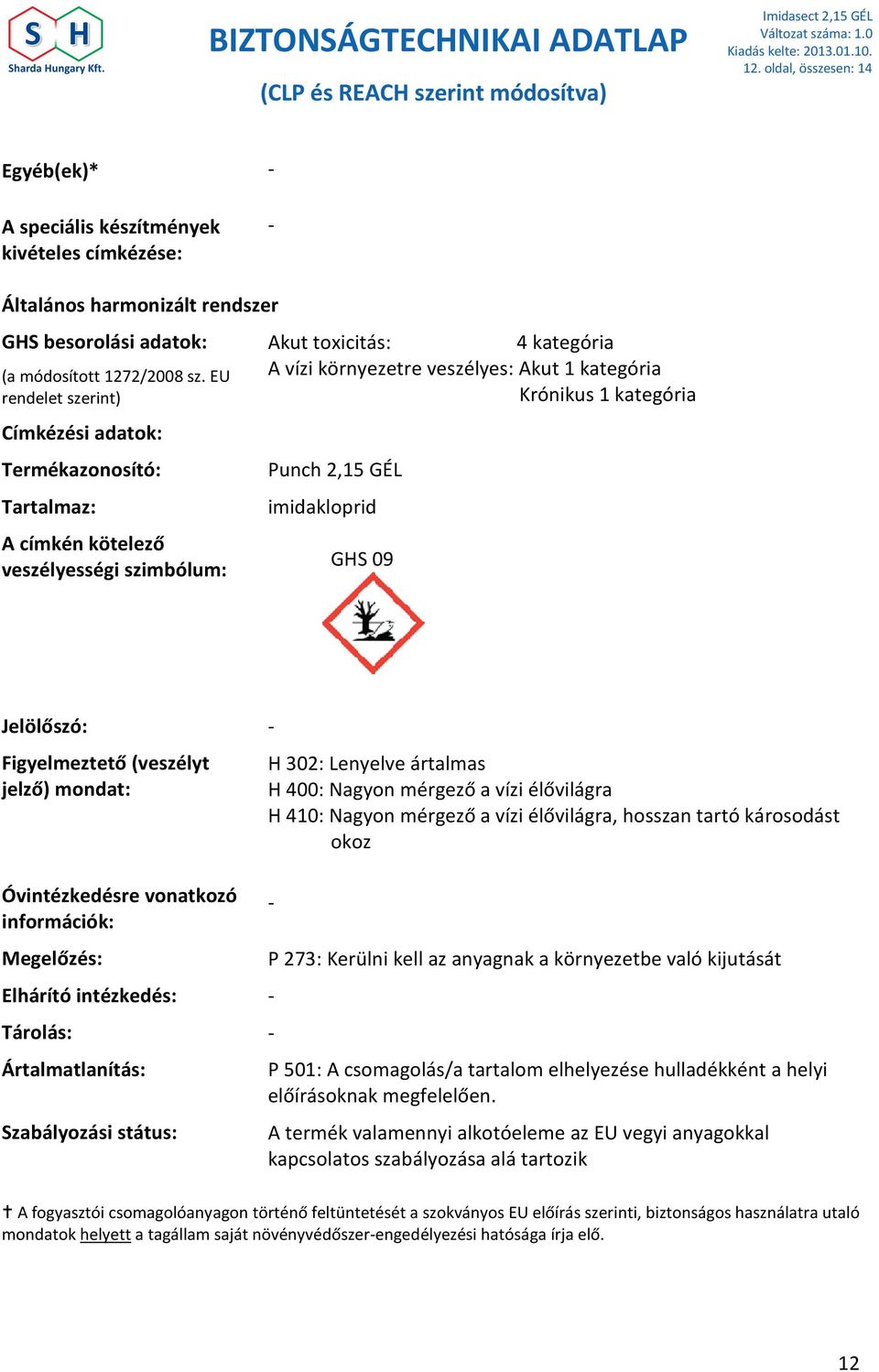 kategória Punch 2,15 GÉL imidakloprid GHS 09 Jelölőszó: - Figyelmeztető (veszélyt jelző) mondat: Óvintézkedésre vonatkozó információk: Megelőzés: Elhárító intézkedés: - Tárolás: - Ártalmatlanítás: