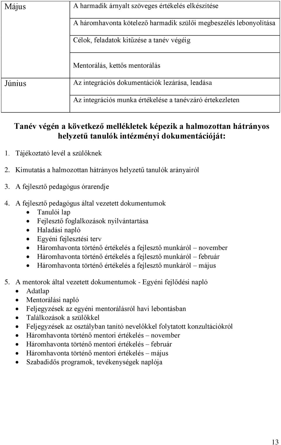 dokumentációját: 1. Tájékoztató levél a szülőknek 2. Kimutatás a halmozottan hátrányos helyzetű tanulók arányairól 3. A fejlesztő pedagógus órarendje 4.