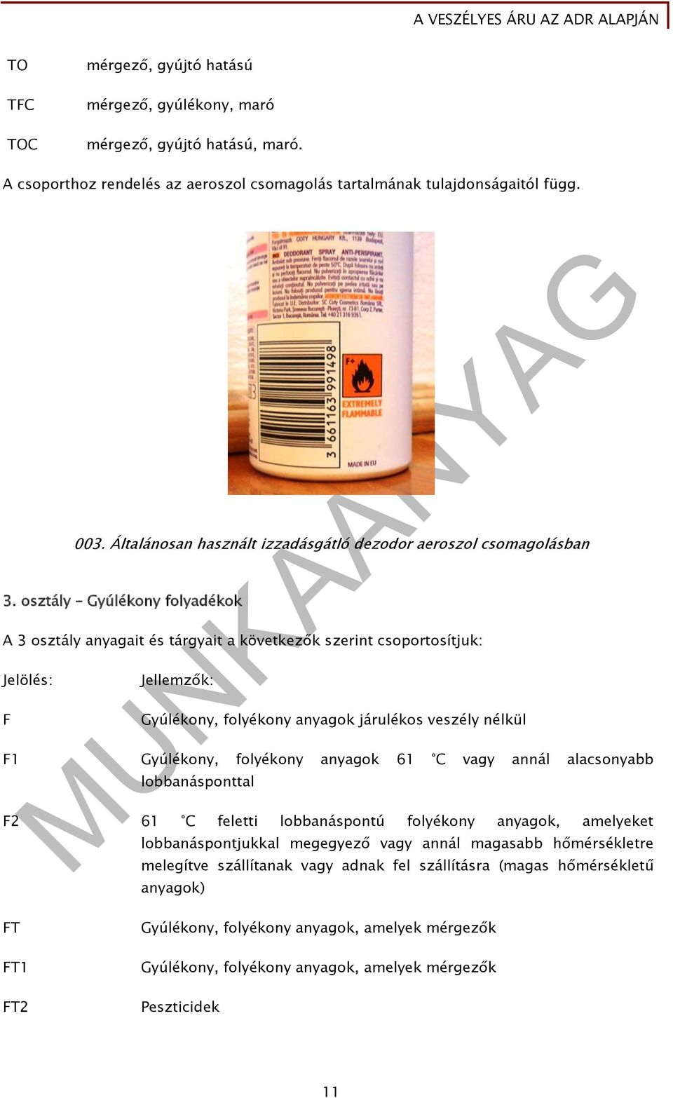 osztály Gyúlékony folyadékok A 3 osztály anyagait és tárgyait a következők szerint csoportosítjuk: Jelölés: F Jellemzők: Gyúlékony, folyékony anyagok járulékos veszély nélkül F1 Gyúlékony, folyékony