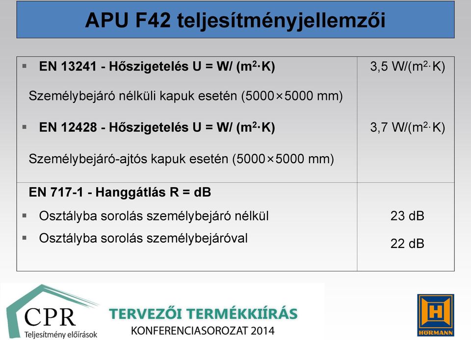 K) 3,7 W/(m 2 K) Személybejáró-ajtós kapuk esetén (5000 5000 mm) EN 717-1 - Hanggátlás