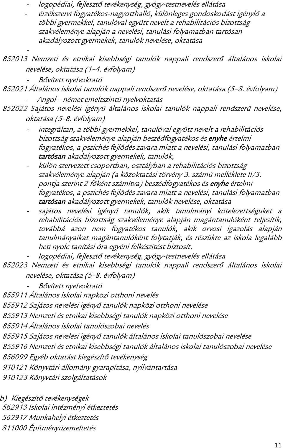 iskolai nevelése, oktatása (1 4. évfolyam) - Bővített nyelvoktató 852021 Általános iskolai tanulók nappali rendszerű nevelése, oktatása (5 8.