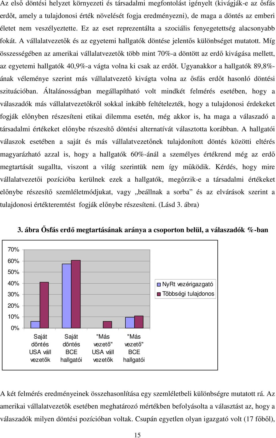 Míg összességében az amerikai vállalatvezetık több mint 70%-a döntött az erdı kivágása mellett, az egyetemi hallgatók 40,9%-a vágta volna ki csak az erdıt.