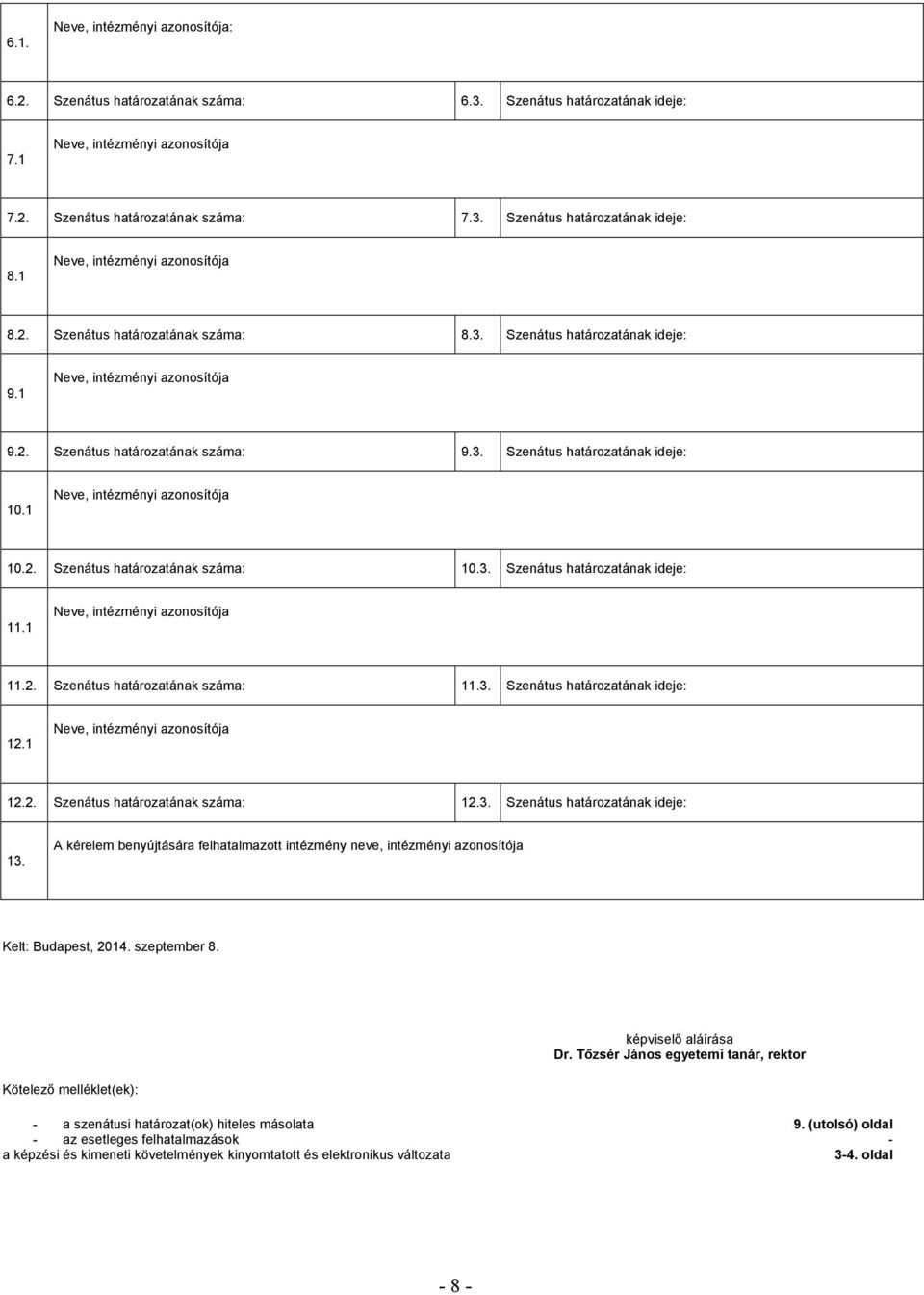 1 12.2. Szenátus határozatának száma: 12.3. Szenátus határozatának ideje: 13. A kérelem benyújtására felhatalmazott intézmény neve, intézményi azonosítója Kelt: Budapest, 2014. szeptember 8.