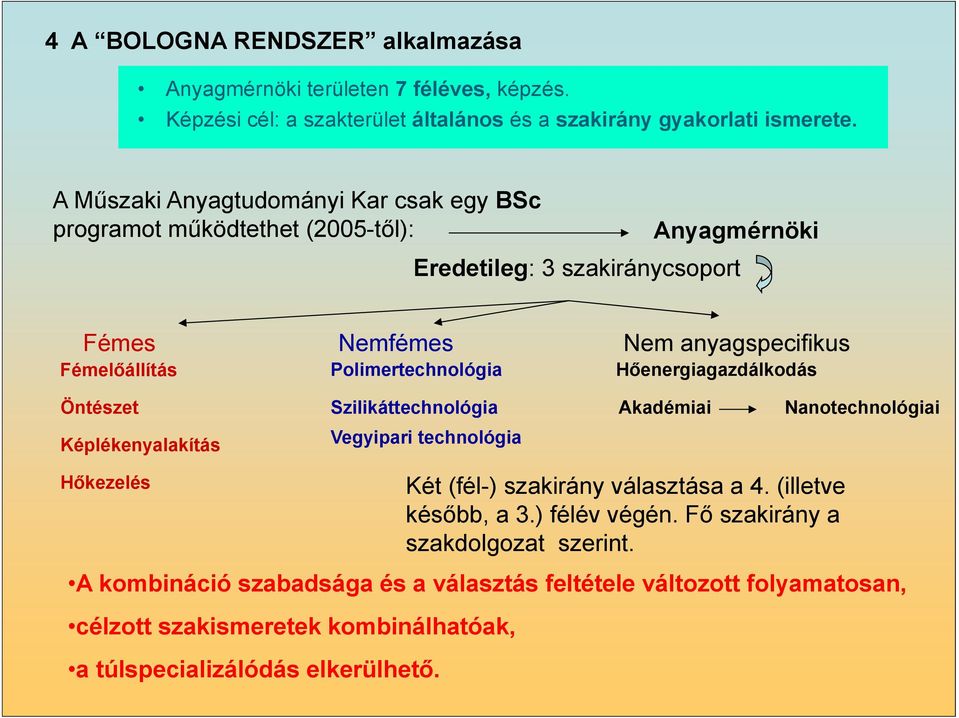 Polimertechnológia Hőenergiagazdálkodás Öntészet Szilikáttechnológia Akadémiai Nanotechnológiai Képlékenyalakítás Vegyipari technológia Hőkezelés Két (fél-) szakirány választása a