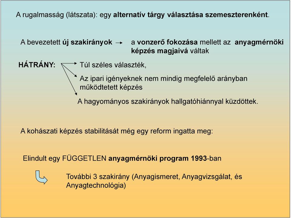 Az ipari igényeknek nem mindig megfelelő arányban működtetett képzés A hagyományos szakirányok hallgatóhiánnyal küzdöttek.