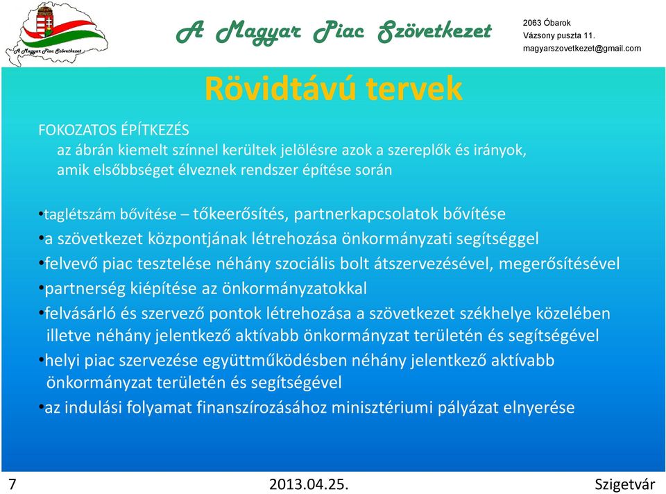 partnerség kiépítése az önkormányzatokkal felvásárló és szervező pontok létrehozása a szövetkezet székhelye közelében illetve néhány jelentkező aktívabb önkormányzat területén és