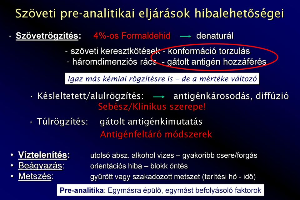 antigénkárosodás, diffúzió Sebész/Klinikus szerepe! Víztelenítés: Beágyazás: Metszés: gátolt antigénkimutatás Antigénfeltáró módszerek utolsó absz.