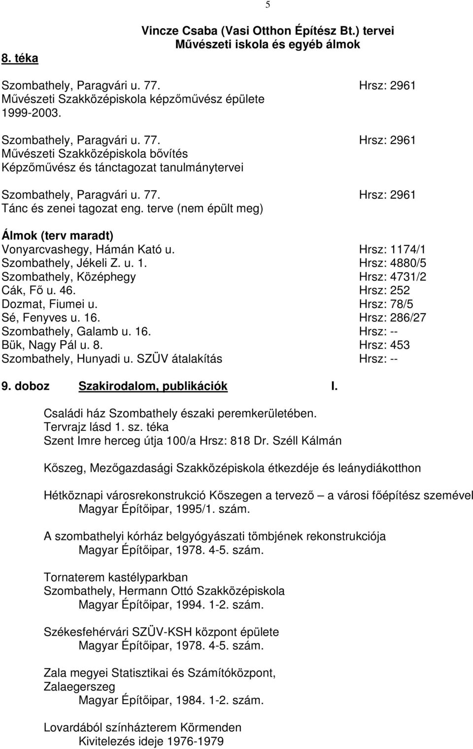 terve (nem épült meg) Álmok (terv maradt) Vonyarcvashegy, Hámán Kató u. Hrsz: 1174/1 Szombathely, Jékeli Z. u. 1. Hrsz: 4880/5 Szombathely, Középhegy Hrsz: 4731/2 Cák, Fı u. 46.