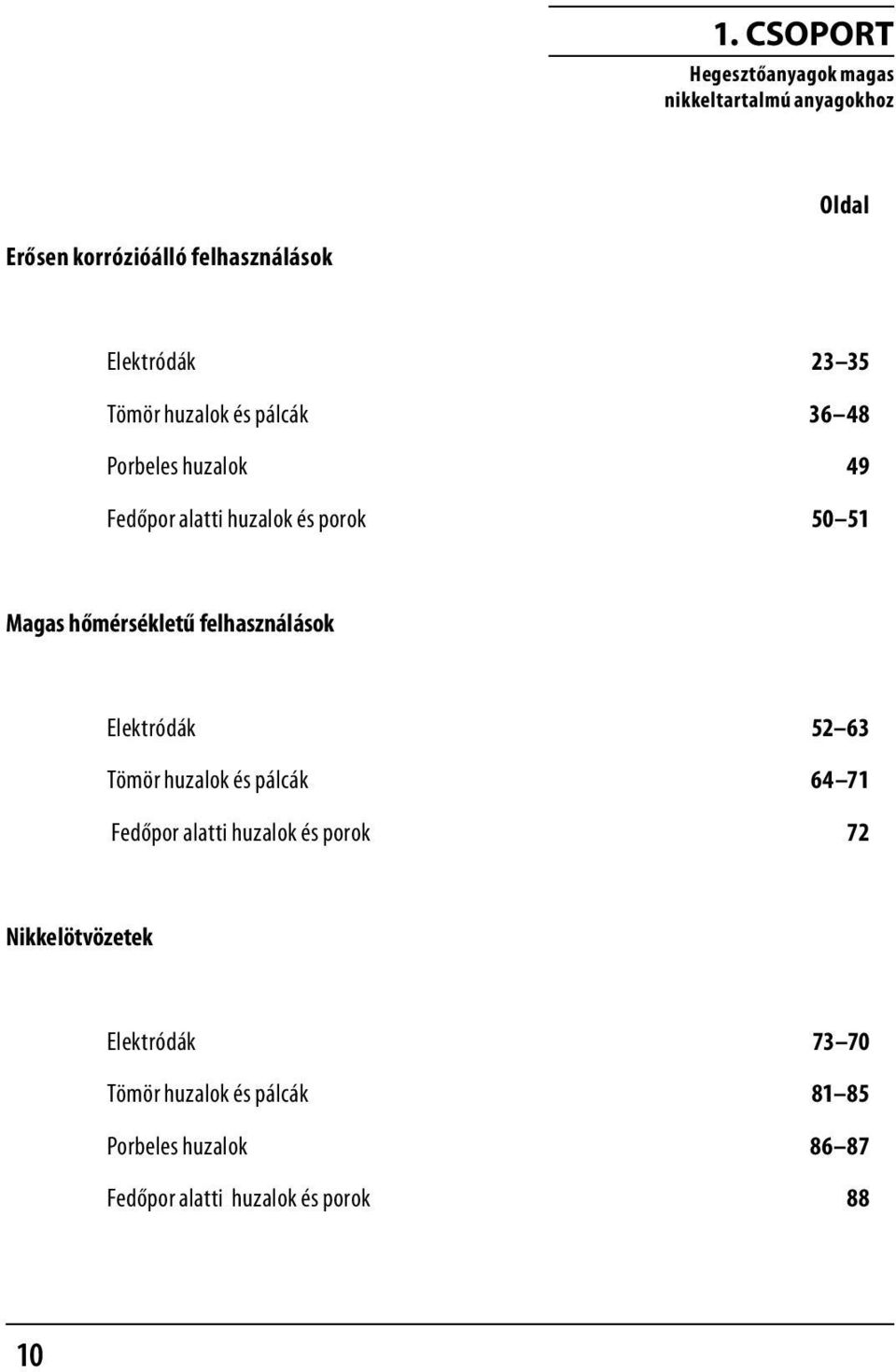 hőmérsékletű felhasználások Elektródák 52 63 Tömör huzalok és pálcák 64 71 Fedőpor alatti huzalok és porok 72