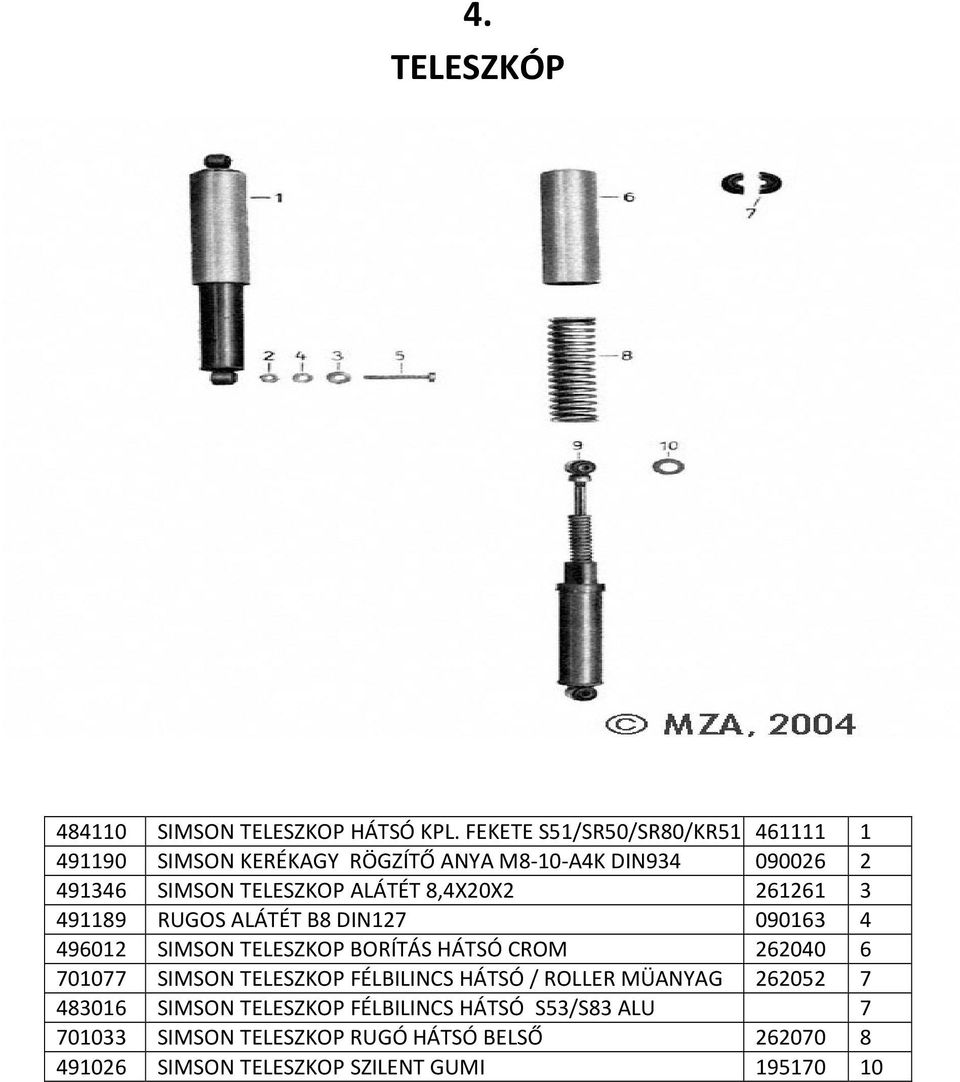 ALÁTÉT 8,4X20X2 261261 3 491189 RUGOS ALÁTÉT B8 DIN127 090163 4 496012 SIMSON TELESZKOP BORÍTÁS HÁTSÓ CROM 262040 6 701077