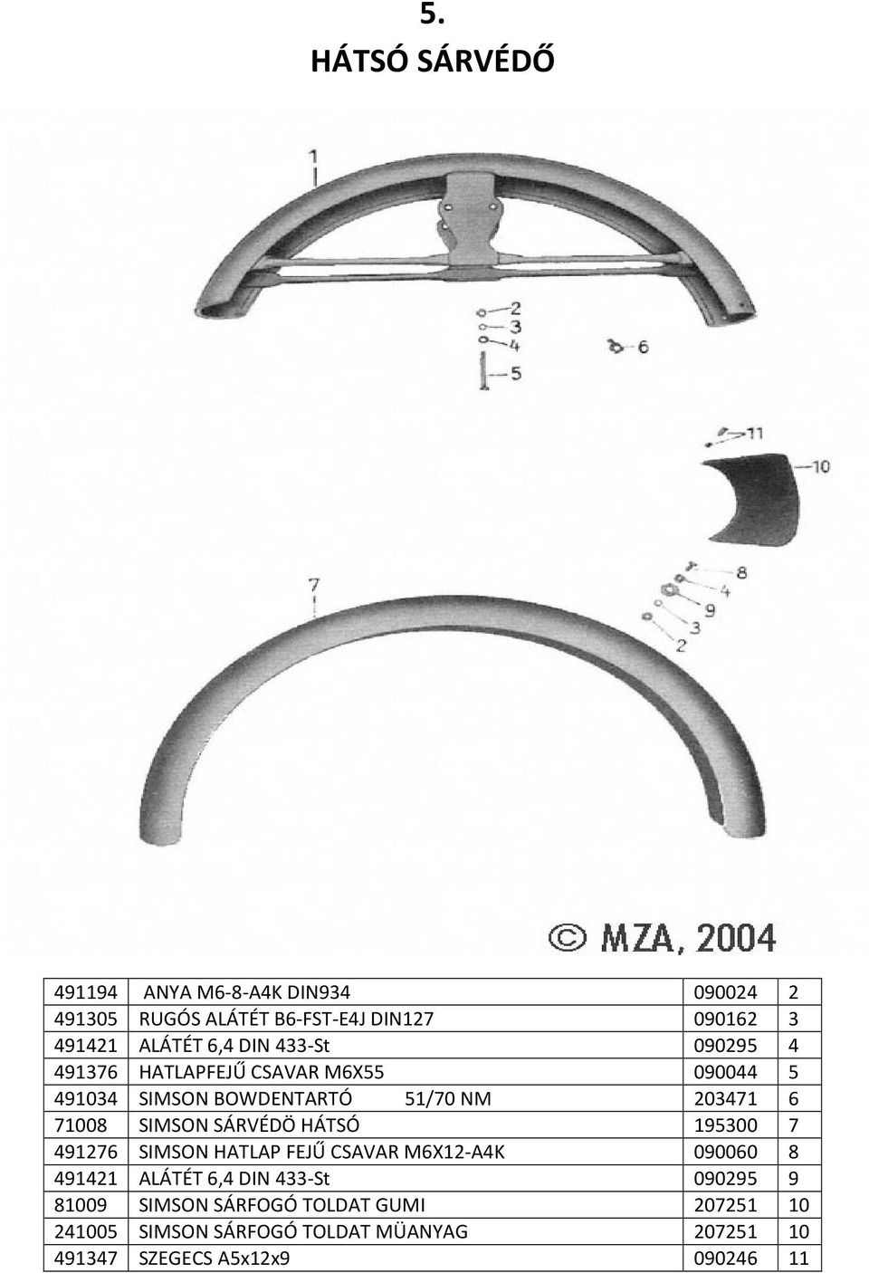 SIMSON SÁRVÉDÖ HÁTSÓ 195300 7 491276 SIMSON HATLAP FEJŰ CSAVAR M6X12-A4K 090060 8 491421 ALÁTÉT 6,4 DIN 433-St 090295