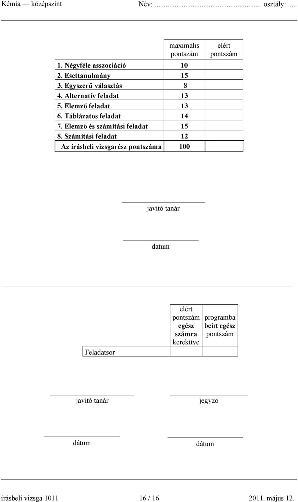 Számítási feladat 12 Az írásbeli vizsgarész pontszáma 100 elért pontszám javító tanár dátum Feladatsor elért