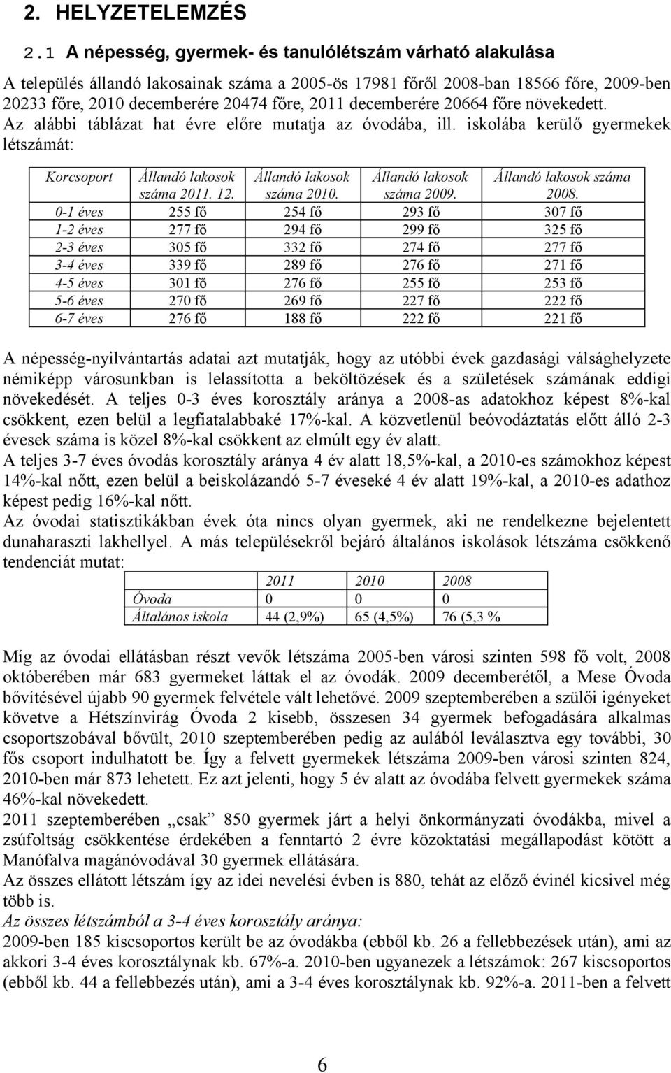 decemberére 20664 főre növekedett. Az alábbi táblázat hat évre előre mutatja az óvodába, ill. iskolába kerülő gyermekek létszámát: Korcsoport Állandó lakosok száma 2011. 12.
