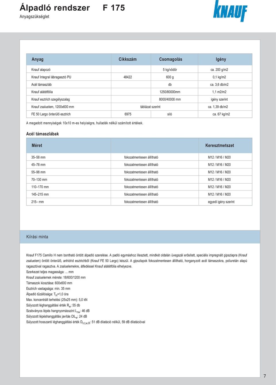 1,39 db/m2 FE 50 Largo önterülô esztrich 6975 siló ca. 67 kg/m2 A megadott mennyiségek 10x10 m-es helyiségre, hulladék nélkül számított értékek.