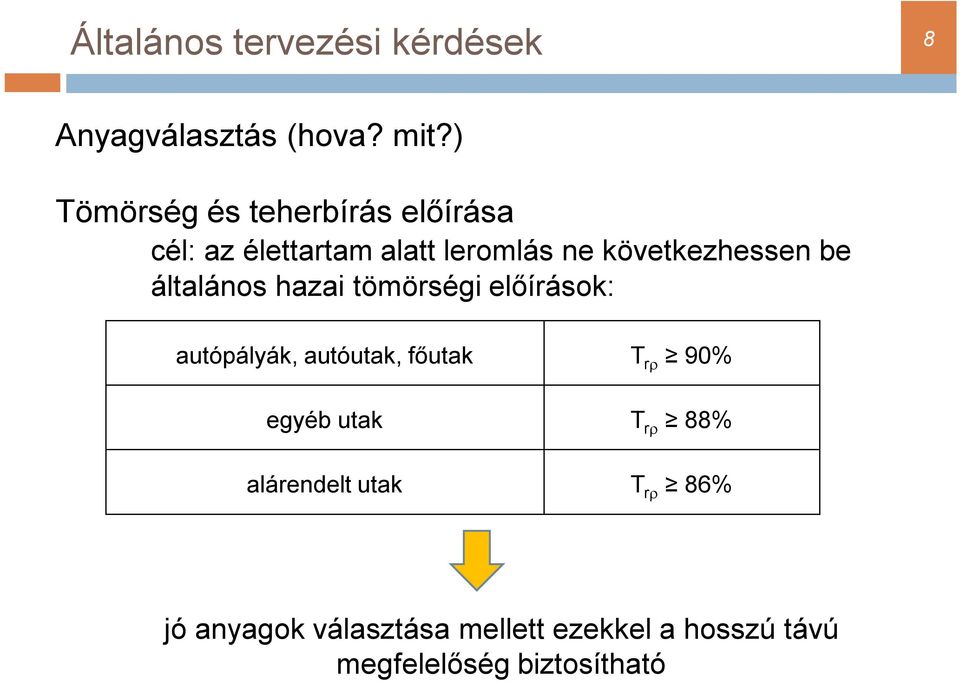 be általános hazai tömörségi előírások: autópályák, autóutak, főutak T rr 90% egyéb