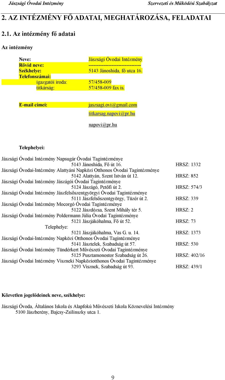 Telefonszámai: igazgatói iroda: 57/458-009 titkárság: 57/458-009 fax is. E-mail címei: jaszsagi.ovi@gmail.com titkarsag.napovi@pr.hu napovi@pr.