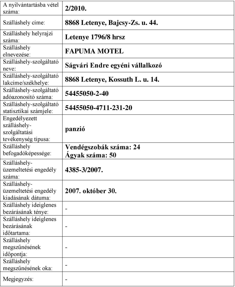 Megjegyzés: Letenye 1796/8 hrsz FAPUMA MOTEL Ságvári Endre egyéni vállalkozó