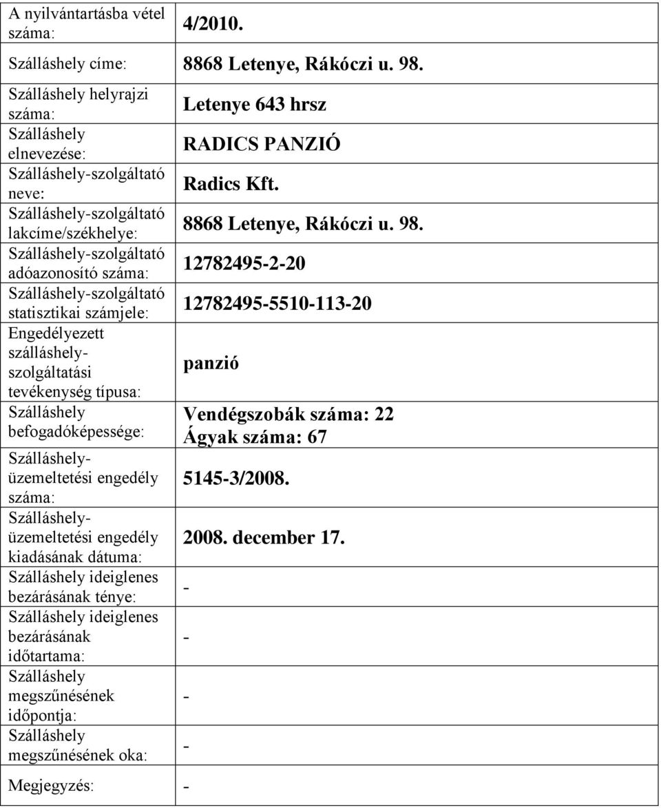 ideiglenes Megjegyzés: Letenye 643 hrsz RADICS PANZIÓ Radics Kft.