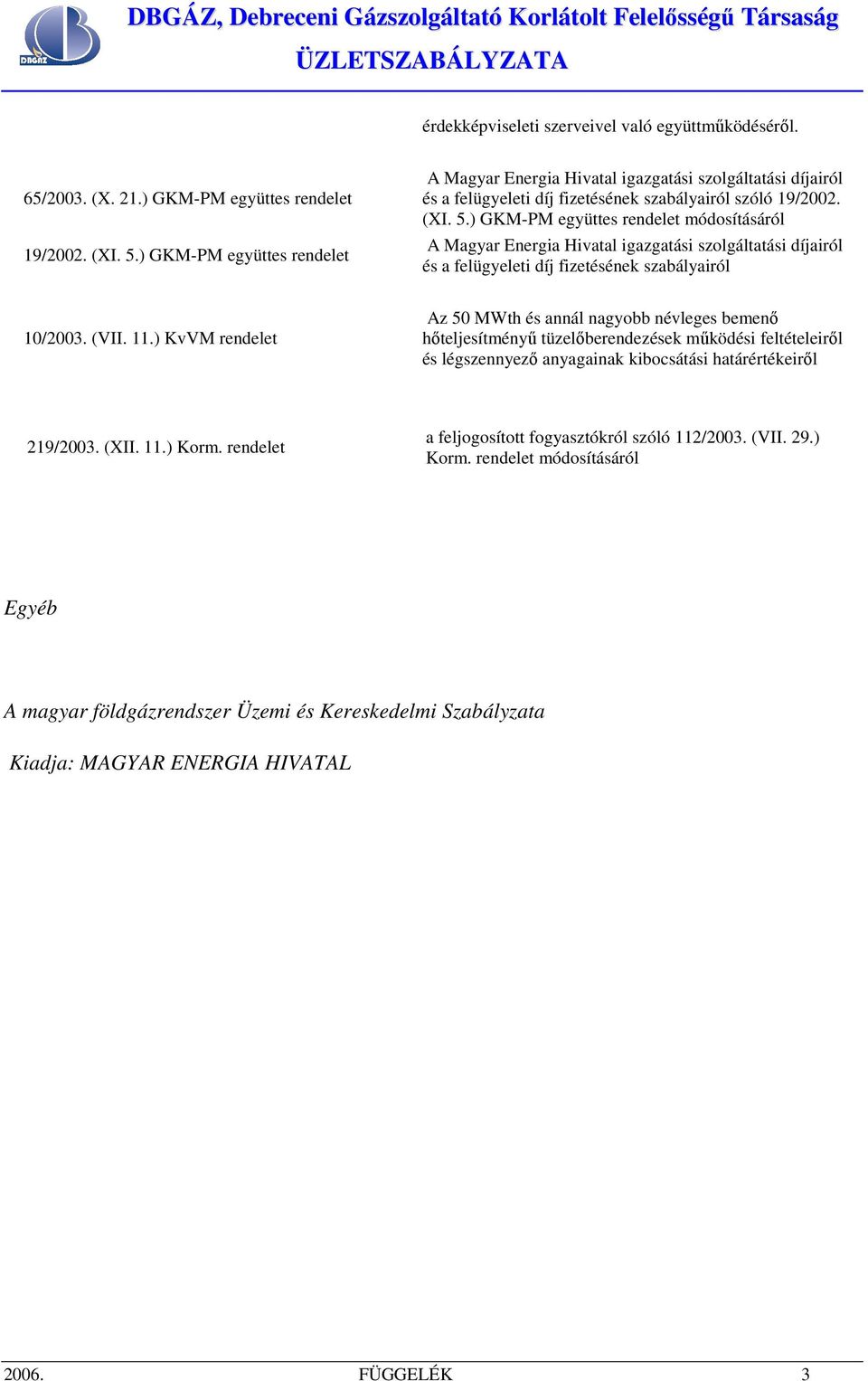 ) GKM-PM együttes rendelet módosításáról A Magyar Energia Hivatal igazgatási szolgáltatási díjairól és a felügyeleti díj fizetésének szabályairól 10/2003. (VII. 11.