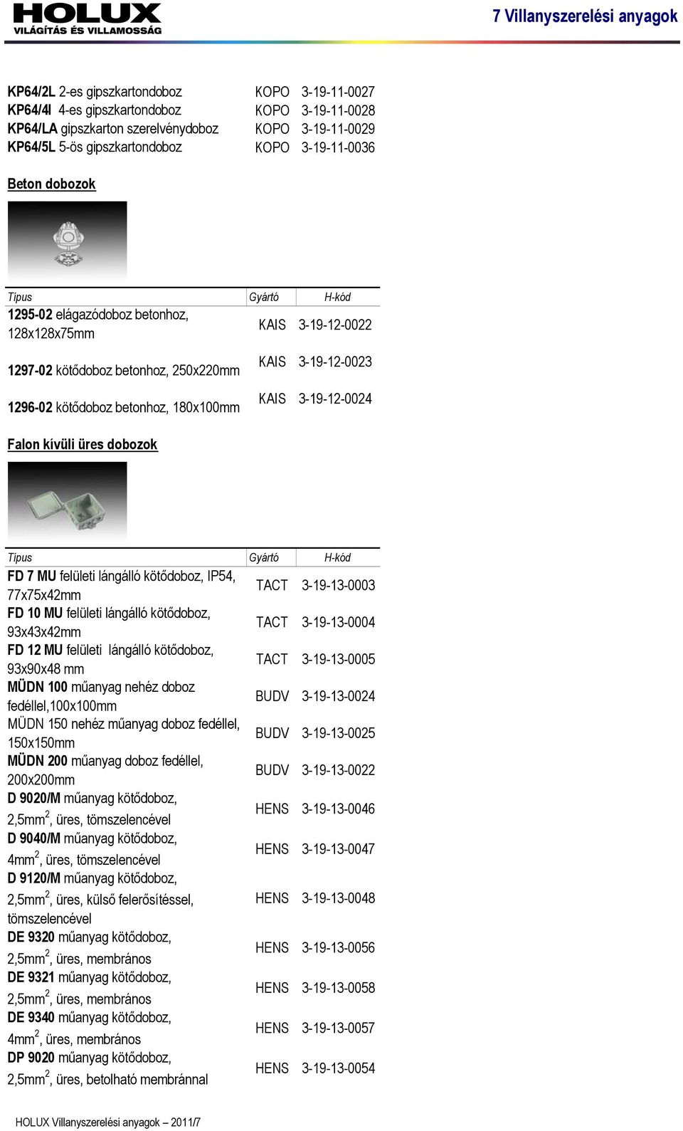 KAIS 3-19-12-0024 FD 7 MU felületi lángálló kötődoboz, IP54, 77x75x42mm TACT 3-19-13-0003 FD 10 MU felületi lángálló kötődoboz, 93x43x42mm TACT 3-19-13-0004 FD 12 MU felületi lángálló kötődoboz,