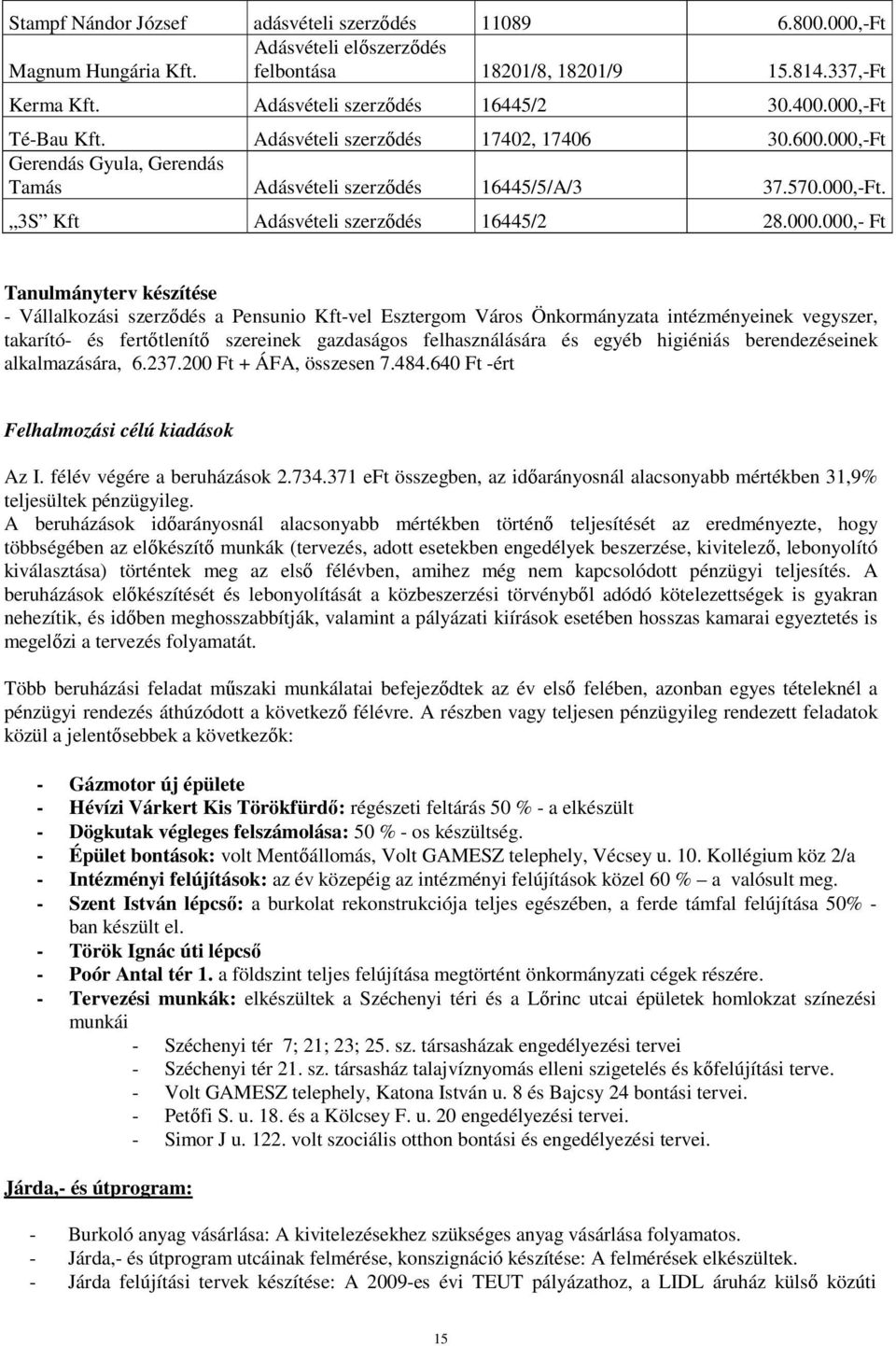 Ft Tanulmányterv készítése - Vállalkozási szerzıdés a Pensunio Kft-vel Esztergom Város Önkormányzata intézményeinek vegyszer, takarító- és fertıtlenítı szereinek gazdaságos felhasználására és egyéb