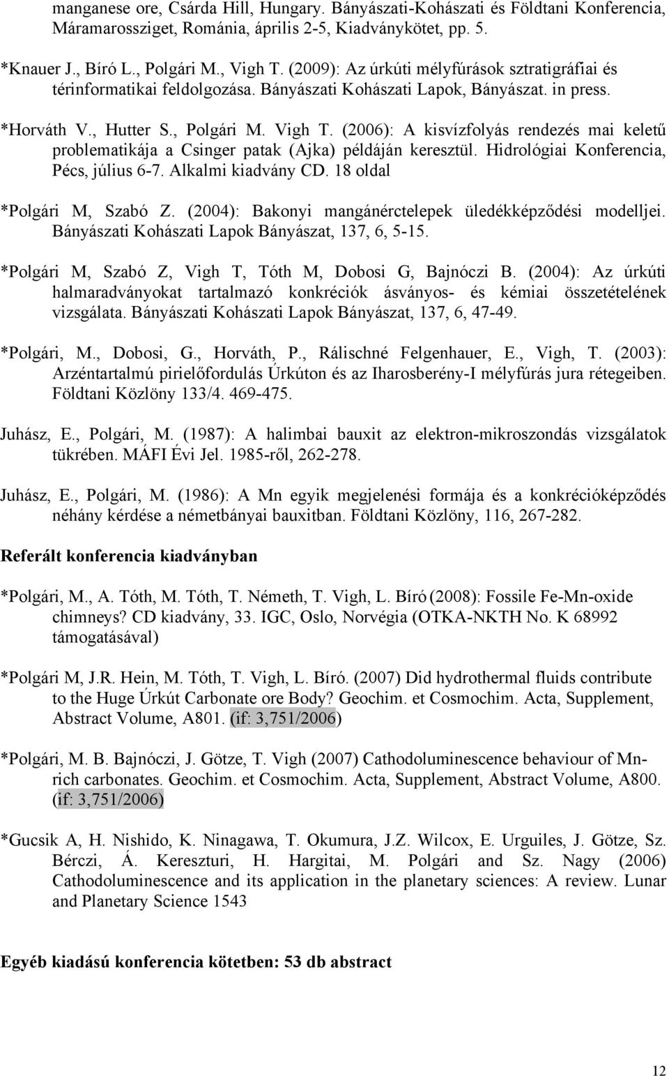 (2006): A kisvízfolyás rendezés mai keletű problematikája a Csinger patak (Ajka) példáján keresztül. Hidrológiai Konferencia, Pécs, július 6-7. Alkalmi kiadvány CD. 18 oldal *Polgári M, Szabó Z.