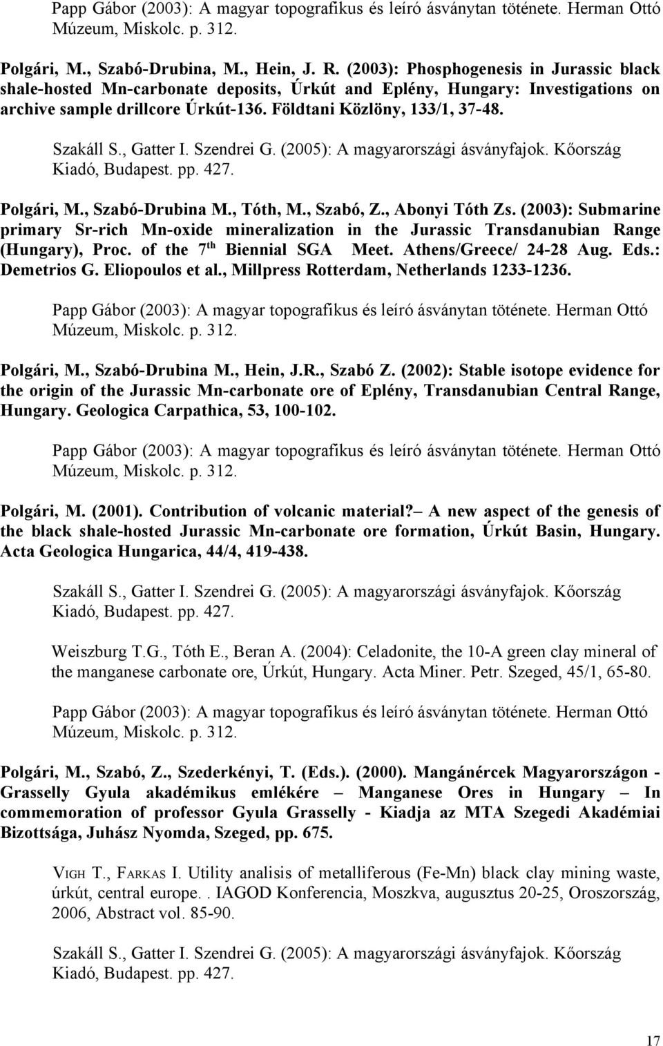 , Gatter I. Szendrei G. (2005): A magyarországi ásványfajok. Kőország Kiadó, Budapest. pp. 427. Polgári, M., Szabó-Drubina M., Tóth, M., Szabó, Z., Abonyi Tóth Zs.