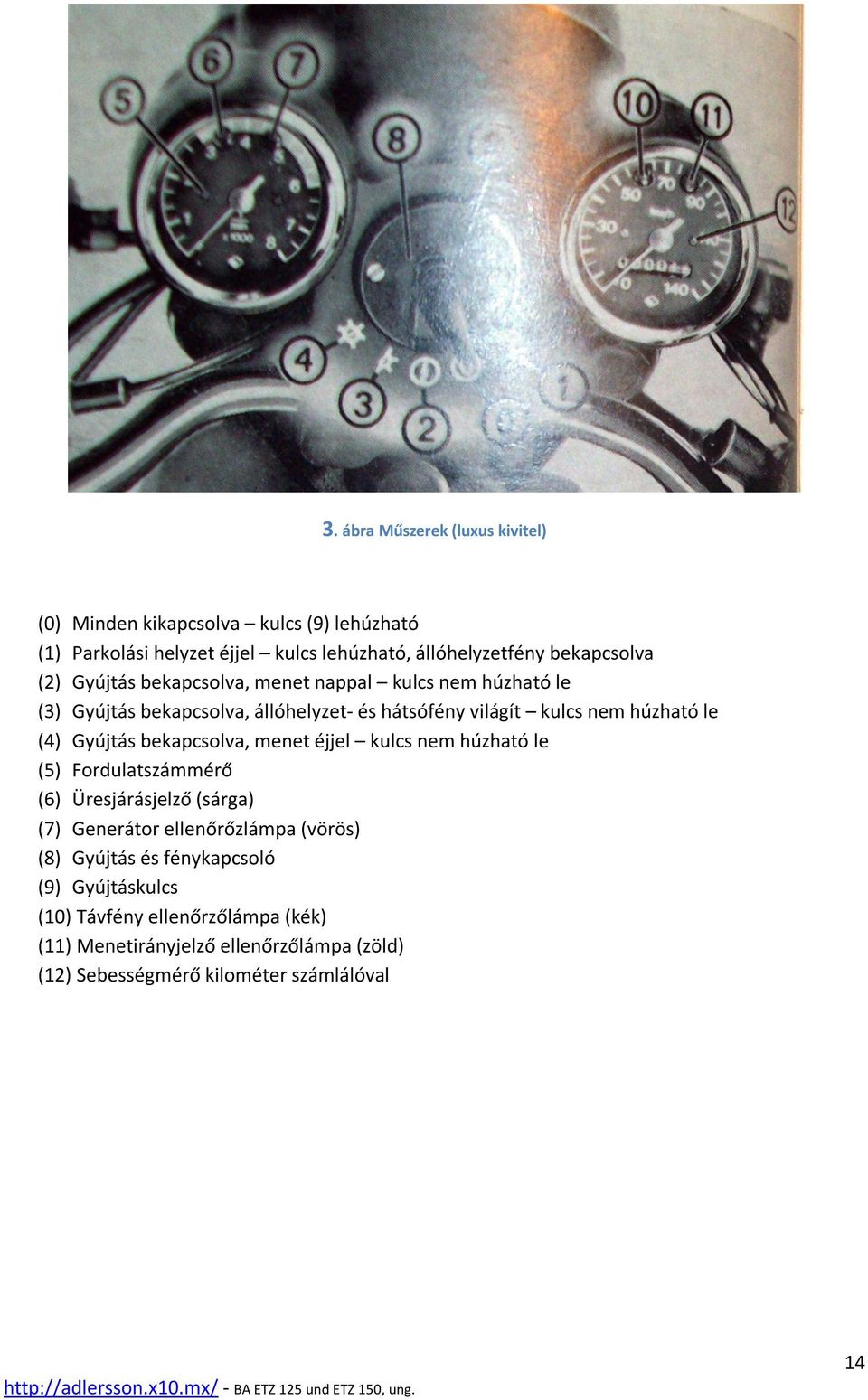 Gyújtás bekapcsolva, menet éjjel kulcs nem húzható le (5) Fordulatszámmérő (6) Üresjárásjelző (sárga) (7) Generátor ellenőrőzlámpa (vörös) (8)