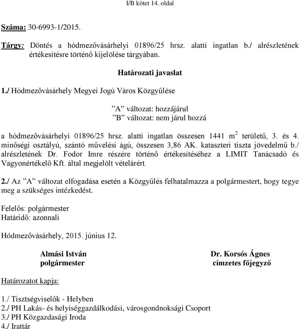 minőségi osztályú, szántó művelési ágú, összesen 3,86 AK. kataszteri tiszta jövedelmű b./ alrészletének Dr. Fodor Imre részére történő értékesítéséhez a LIMIT Tanácsadó és Vagyonértékelő Kft.