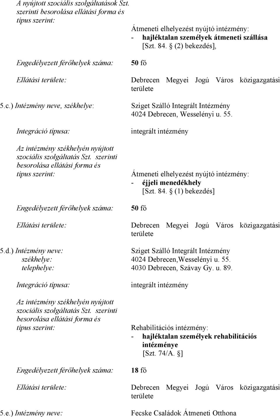 szerinti besorolása ellátási forma és típus szerint: Engedélyezett férőhelyek száma: Ellátási területe: 50 fő Debrecen Megyei Jogú Város közigazgatási területe Sziget Szálló Integrált Intézmény 4024