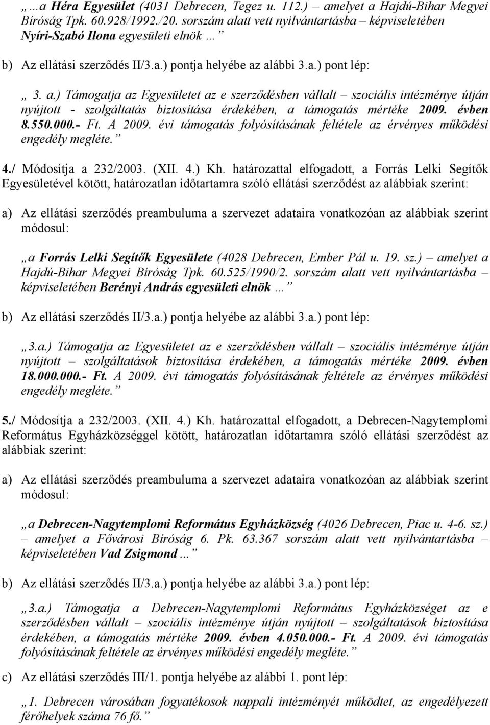 évben 8.550.000.- Ft. A 2009. évi támogatás folyósításának feltétele az érvényes működési engedély megléte. 4./ Módosítja a 232/2003. (XII. 4.) Kh.