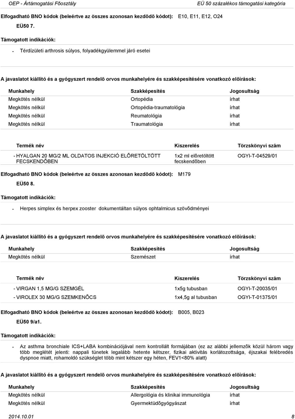 Megkötés nélkül Reumatológia írhat Megkötés nélkül Traumatológia írhat HYALGAN 20 MG/2 ML OLDATOS INJEKCIÓ ELÕRETÖLTÖTT FECSKENDÕBEN EÜ50 8.