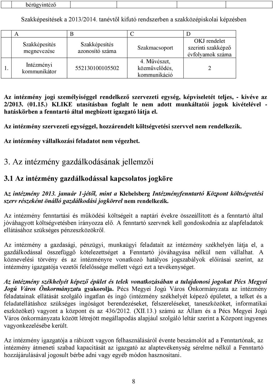 Művészet, közművelődés, kommunikáció OKJ rendelet szerinti szakképző évfolyamok száma 2 Az intézmény jogi személyiséggel rendelkező szervezeti egység, képviseletét teljes, - kivéve az 2/2013. (01.15.