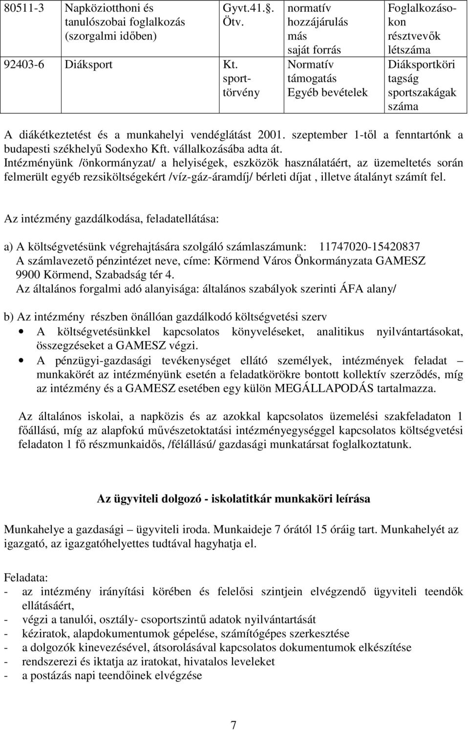 vendéglátást 2001. szeptember 1-től a fenntartónk a budapesti székhelyű Sodexho Kft. vállalkozásába adta át.