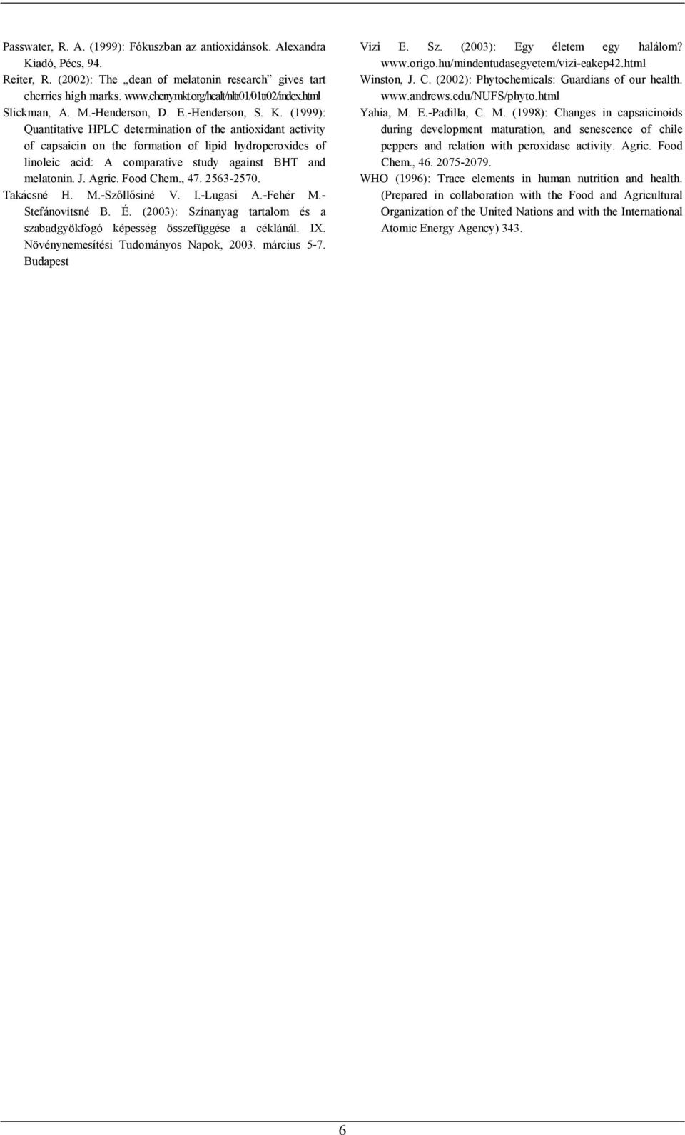 (1999): Quantitative HPLC determination of the antioxidant activity of capsaicin on the formation of lipid hydroperoxides of linoleic acid: A comparative study against BHT and melatonin. J. Agric.